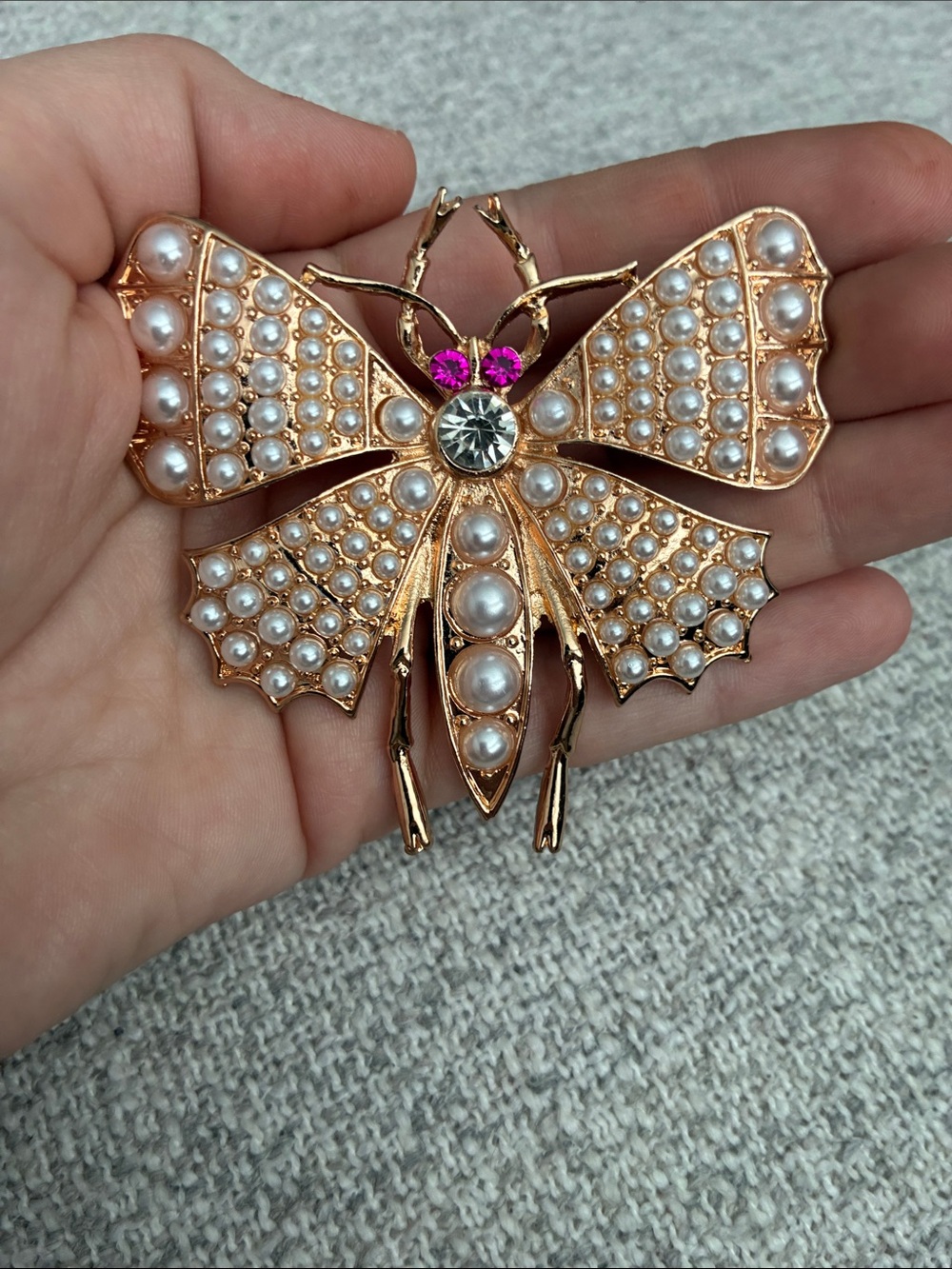 Gold Pearl Butterfly Brooch with Pink Accents